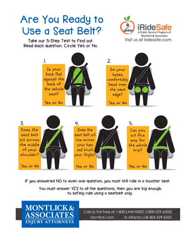 Infographic: 5 steps to properly use a seat belt to avoid injury, by Montlick & Associates Injury Attorneys.