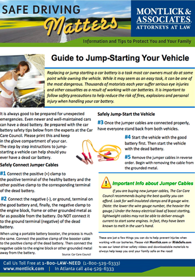 Safe driving tips and jump-starting guide by Montlick & Associates, injury attorneys at law