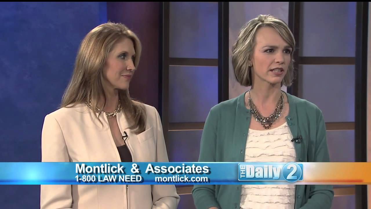 Frame 691317152 The image shows two well-dressed young women, one blonde and one brunette, appearing as guests on a television news program called "The Daily 2". They seem to represent a law firm called Montlick & Associates, with a web address of montlick.com displayed below their names. The women have professional attire and hairstyles, suggesting they are attorneys or legal representatives being interviewed about their firm's services, likely related to personal injury law based on the "1-800 LAW NEED" text also shown.