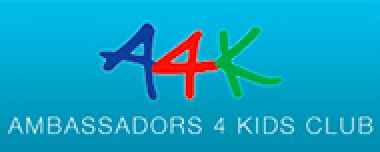 Ambassadors 4 Kids Club colorful logo with large initials A4K on bright blue background