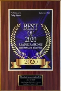 Image of an award for Best of 2020 Reader Rankings given to a law firm, Murdock & Associates, P.C., mounted on a wooden plaque.