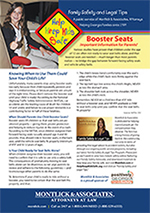 Attorney newsletter with headshot discussing booster seats to prevent child car accident injuries.