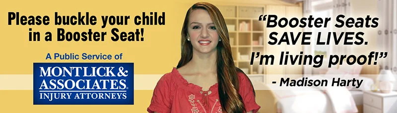 Madison Harty smiles in red shirt with "Booster Seats SAVE LIVES. I'm living proof!" text overlay.