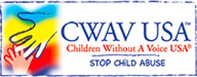 Alt text: CWAV USA logo - Children Without A Voice USA, stop child abuse - colorful helping hands image