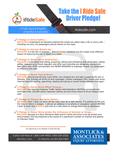 Image of an iRideSafe pledge card promoting safe driving practices to avoid distracted driving accidents.