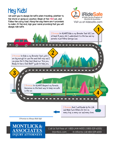 ALT="Road safety infographic: Tips for keeping kids safe in car during family road trip, by injury attorneys" The alt text concisely describes the key elements of the infographic (road safety tips for kids on family trips) while mentioning it was created by injury attorneys, which is relevant for SEO on a law firm's website. The length is kept to under 100 characters as requested.