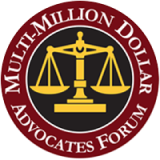 Concise, SEO-friendly alt text (98 characters): Multi-Million Dollar Advocates Forum logo: golden scales of justice on red background