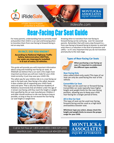 Ad image for rear-facing car seat guide from injury attorney Montlick & Associates, featuring smiling child