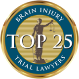 Alt text: Top 25 Brain Injury Trial Lawyers medallion badge - legal expertise for brain injury cases