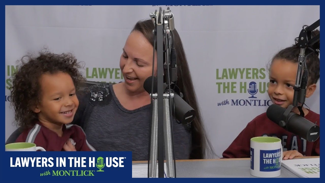 SEO alt text: Mother and children smiling during Lawyers in the House podcast recording session with Montlick Injury Attorneys