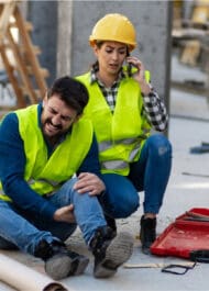 Injured construction worker discussing accident with concerned colleague at job site. Call for legal help.