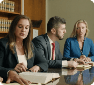 Three lawyers, a man and two women, reviewing documents at a conference table in an office.
