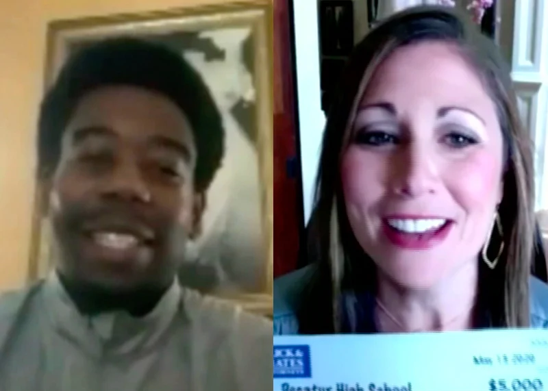 Video chat screenshot of smiling woman and man, likely discussing a legal case consultation online.