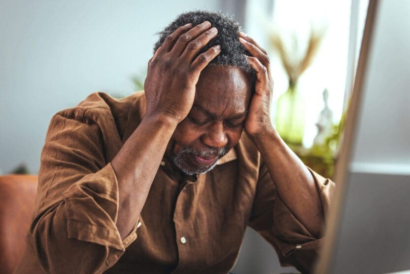 Distressed man holding head in pain, seeking help from personal injury attorney to get justice