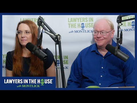 Injury lawyers recording podcast discussing legal issues, with microphones and "Lawyers in the House" branding.