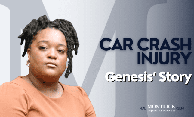 Young woman with serious expression beside "Car Crash Injury - Genesis' Story" text, for attorney website.
