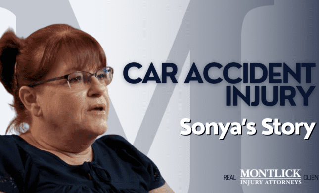 Female client in front of Montlick background with the words "Car Accident Injury: Sonya's Story"