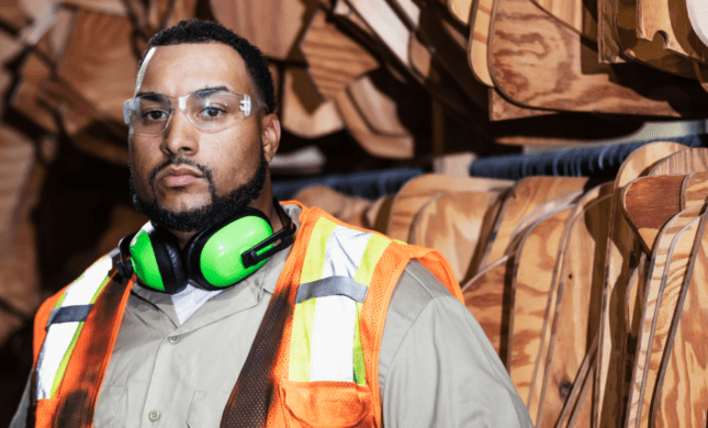 Construction worker wearing safety gear looks concerned near wooden boards, suggesting potential workplace injury.