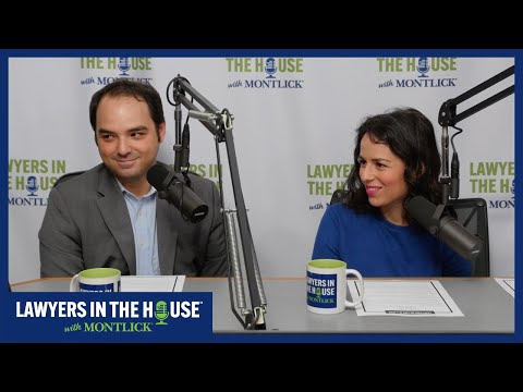 Man and woman smiling at mics with "Lawyers in the House" logo behind them, discussing legal issues on radio show