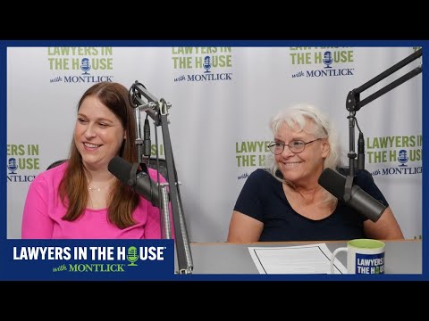 Two smiling women sitting at microphones with "Lawyers in the House" podcast logo behind them.