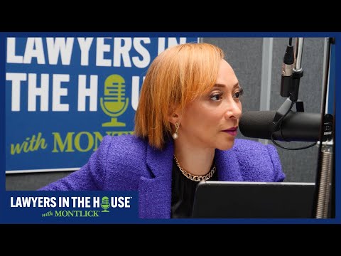An attorney discussing cases on a radio show titled "Lawyers in the House". She appears professional and engaged.