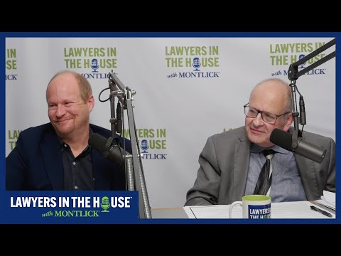 Two lawyers discussing legal matters on a radio show titled "Lawyers in the House", smiling at microphones